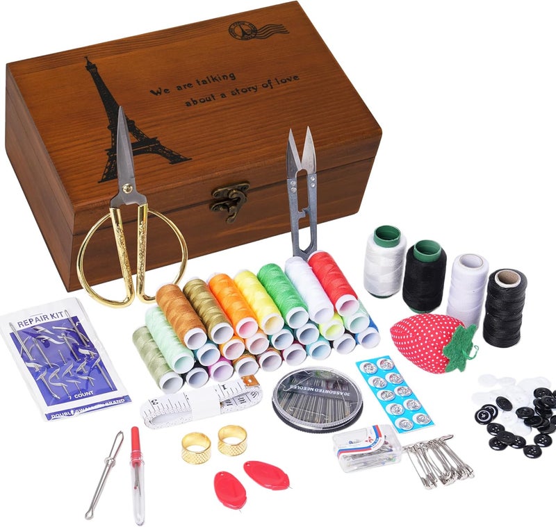 VEAPILS Wooden Sewing Kit Box, Wooden Sewing Box with Sew Kit Accessories, Sewing Repair Kit Sewing Basket, Basic Sewing Kit for Adults, Beginner Universal Home Sewing Repair Tool Kit - Vintage Sewing Set - Image 1